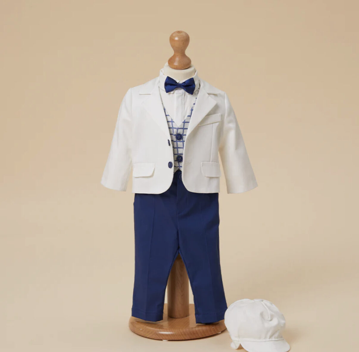 Costum de botez, bleumarin cu sacou alb